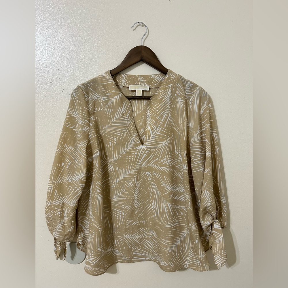 Michael Kors Tan Puff Sleeve Blouse with Tie Front